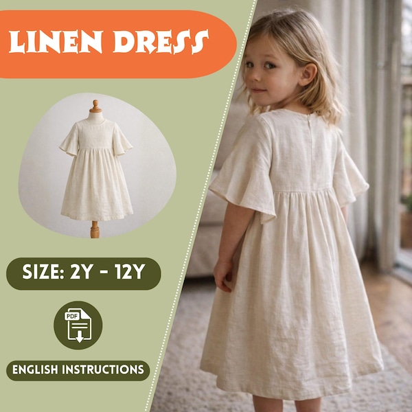 Linen Girl Dress Sewing Pattern, Flared Sleeve, Gathered High Waist, Knee Length, Flowy Sleeve, Zipper Closure