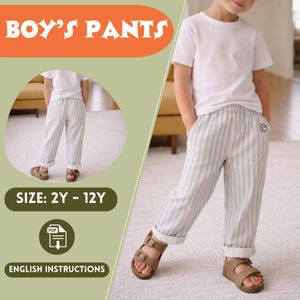 Patrón de costura para pantalones de niño (PDF, talla 2 a 12 años), pantalones de lino a rayas con cintura elástica