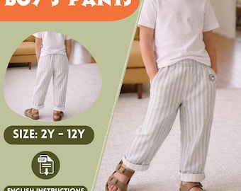 Boys Pants Sewing Pattern PDF Size 2Y to 12Y Elastic Waist Trousers, Linen Stripe Pants
