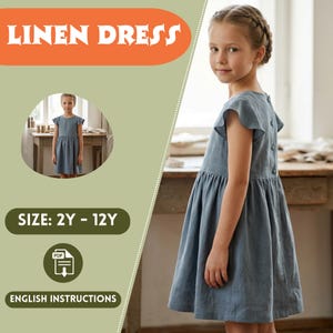 Puede incluir: Un vestido de lino azul claro con mangas con volantes y espalda abotonada. El vestido se muestra en una persona joven. La imagen incluye el texto "LINEN DRESS", "SIZE: 2Y - 12Y" y "ENGLISH INSTRUCTIONS".