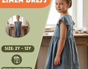Linen Girls Dress Flutter Sleeve Cotton Summer Dress Button Back Kids, Gathered Skirt