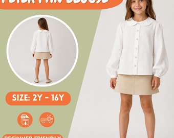 Girls White Peter Pan Collar Blouse Long Sleeve Button Shirt 2Y 16Y Sewing PDF Pattern