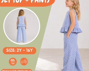 Girls Ruffle Top and Wide Leg Pants PDF Sewing Pattern,  Beginner Sewing Pattern, Pattern Toddlers
