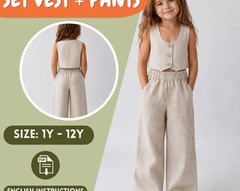 Girls Vest and Wide Leg Pants Sewing Pattern, Kids Linen Set 3 Buttons Waistcoat