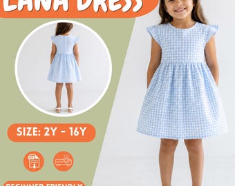 Girls Gingham Flutter Sleeve Dress, PDF Kids Sewing Pattern Sizes 2Y to 16Y, Beginner Toddlers