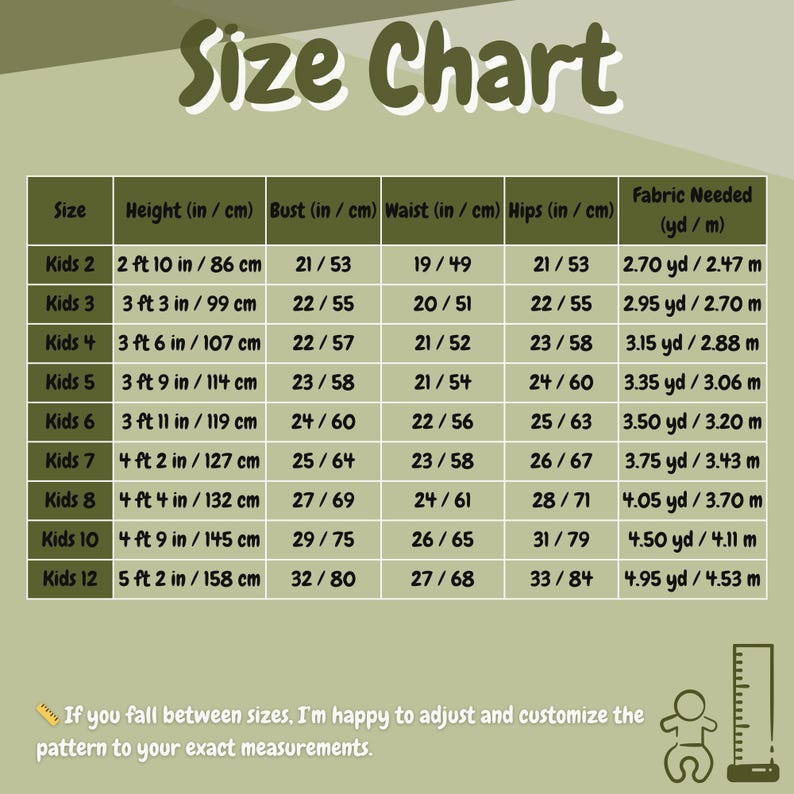May include: A size chart for children's clothing, with measurements in inches and centimeters. The chart includes sizes 2 through 12, listing height, bust, waist, and hip measurements, along with fabric needed in yards and meters. The text "Size Chart" is at the top.