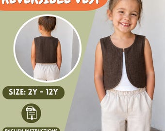 Girls Reversible Vest Sewing Pattern, Toddler Waistcoat PDF