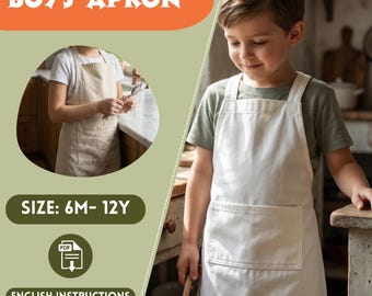 PDF Boys Apron Sewing Pattern – Child Crossback Apron with Pocket, Linen, garden, cooking, gardening, kitchen   6M to 12Y Sizes