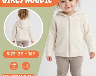 Girls Hooded Cardigan Knit Fabric Pattern PDF Sizes 2Y to 16Y
