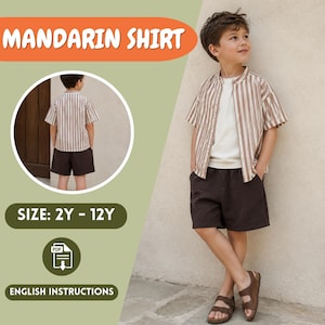 May include: A young person wearing a Mandarin shirt with brown and white vertical stripes, paired with brown shorts and sandals. The image includes the text "MANDARIN SHIRT", "SIZE: 2Y - 12Y", and "ENGLISH INSTRUCTIONS".