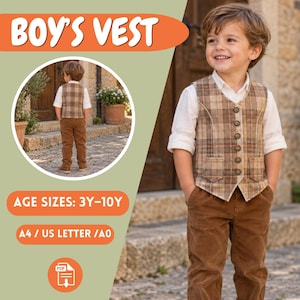 Puede incluir: Un chaleco a cuadros en tonos beige, marrón y naranja con cuello en V, seis botones frontales y dos bolsillos inferiores. El chaleco se lleva sobre una camisa blanca de manga larga con pantalones de pana marrones. Texto: BOY'S VEST, AGE SIZES: 3Y-10Y.