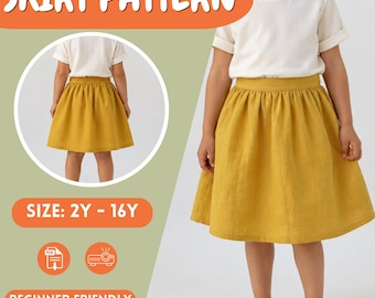 Girls Gathered Skirt PDF Sewing Pattern with Elastic Waist Sizes 2Y to 16Y