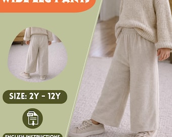 Kids Wide Leg Knit Pants Sewing Pattern – Elastic Waist Trousers (2Y-12Y) (PDF Pattern)