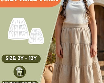 Linen Tiered Midi Skirt Sewing Pattern PDF Girls 2Y 12Y, 3 tiered