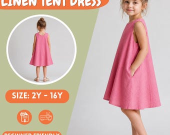 Kids Tent Dress Sewing Pattern, Girls Linen Dress Toddlers, Summer, 2Y-16Y