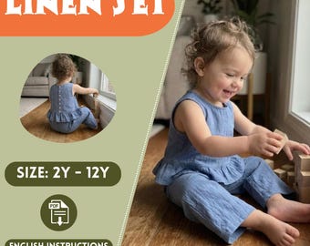 Toddler Linen Pants and Top Set – Sleeveless Peplum, Kids Clothes, Wide Leg, Minimalist PDF Sewing Pattern, 2Y–12Y
