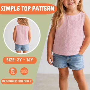 May include: A sleeveless pink top with a round neckline and a centre back zip, paired with blue denim shorts. The image includes the text SIMPLE TOP PATTERN, SIZE: 2Y - 16Y, and BEGINNER FRIENDLY, along with PDF and projector icons.