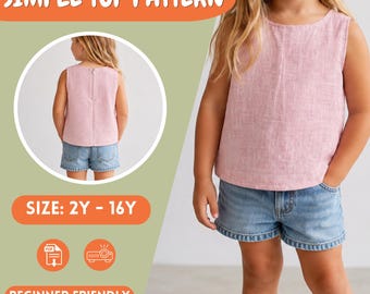Girls Simple Sleeveless Top, PDF Sewing Pattern, Kids Tank Top Toddlers