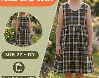 Plaid Girls Dress – Linen or Cotton Sleeveless Twirl Dress for Toddlers & Kids, Beginner Pattern