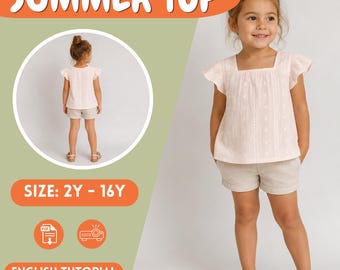 Girls Summer Top PDF Sewing Pattern, Flutter Sleeve Square Neck, Sizes 2Y–16Y