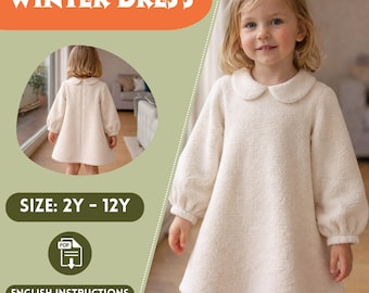 Girls Fleece Winter Dress Sewing Pattern – Peter Pan Collar, Bishop Sleeves, PDF Tutorial, 2-12Y