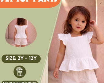 Girls Linen Top and Shorts Sewing Pattern PDF, Flutter Sleeve Peplum Set, Elastic Waist, Square Neck