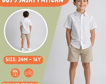 Boys Short Sleeve Button Up Shirt, PDF Sewing Pattern, Simple Shirt, Sizes 24M to 16Y