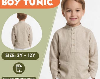 Linen Top Pattern Shirt Pattern Boys, Cotton Tunic Children, Summer Long Sleeve T-Shirt Toddlers, Mandarin Collar