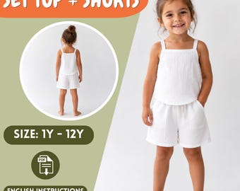 Girls Top and Shorts Sewing Pattern, Sleeveless Straps Top and Elastic Shorts