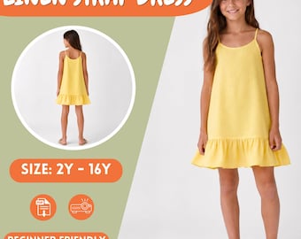 Yellow Dress Kids Casual Spaghetti Straps Ruffle Hem, PDF Sewing Pattern