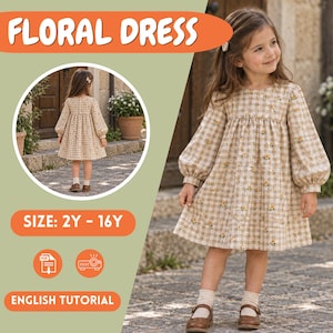 Girls Babydoll Dress Sewing Pattern PDF, Puff Sleeves, Sizes 2Y–16Y