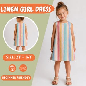 May include: A sleeveless linen dress featuring vertical stripes in pastel shades of pink, yellow, blue, and green. The dress has a round neckline and a button-down front closure. The text LINEN GIRL DRESS and SIZE: 2Y - 16Y is visible.