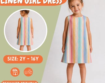 Girls Tent Dress Sewing Pattern, Shift Toddler Linen Dress , Kids Children Clothes, 2-16Y