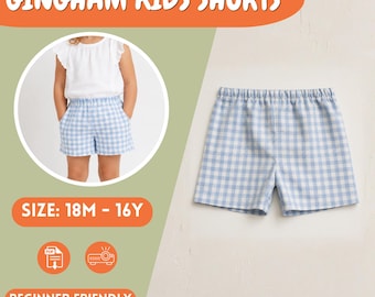 Gingham Kids Shorts, Elastic Waist, Pockets, Baby Shorts, Toddler Shorts, 18M–16Y