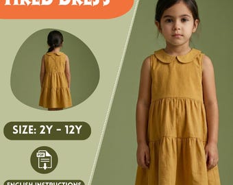 Girls Tiered Dress Sewing Pattern PDF – Sleeveless Peter Pan Collar, Inseam Pockets, Back Buttons