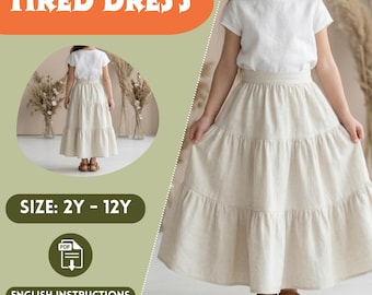 Girls Tiered Skirt Sewing Pattern, Maxi Long Baby Girl Gathered Skirt, Toddler 2-12Y