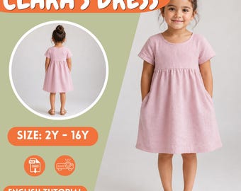 Girls Short Sleeve Gathered Dress PDF Sewing Pattern, Sizes 2Y to 16Y