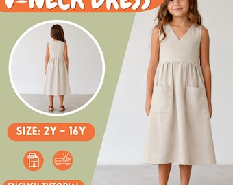Girls V Neck Sleeveless Dress Sewing Pattern PDF with Pockets Sizes 2Y to 16Y