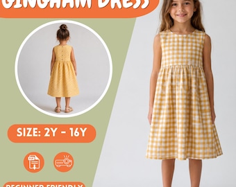 Girls Gingham Dress PDF Sewing Pattern with Button Back,  Toddler Summer Dress