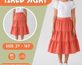 Girls Tiered Midi Skirt Sewing Pattern PDF, Summer, Woven, Zipper Back ,  2Y to 16Y