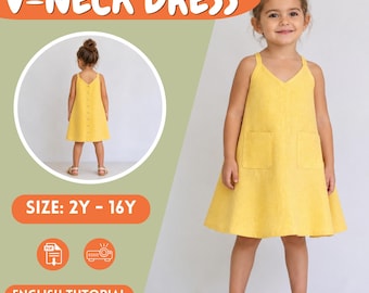Girls Dress Sewing Pattern, V-Neck A-Line PDF, Sizes 2Y-16Y