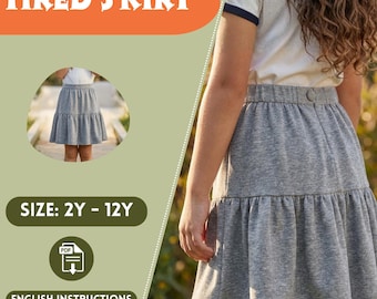Cotton Tiered Girls Skirt Sewing Pattern: Elastic Waist Casual Twirl Skirt, Birthday Outfit