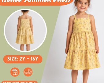 Tiered Sundress Sewing Pattern, Straps Toddler Girl Dress Pattern, Summer , Ages 2-16
