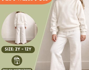 Kids Sweat Suit Sewing Pattern PDF, Flare Pants Lounge Set toddler, Sweatshirt, Back to School