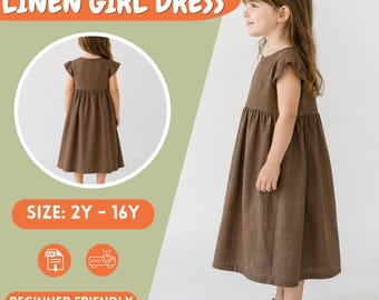 Girls Linen Summer Dress Sewing Pattern, Flared Cap Sleeve Sundress, 2Y-16Y