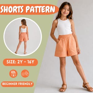 Summer Kid's Shorts Sewing Pattern, Woven Linen Fabric, Patch Pockets, Elastic Waist, Children, Toddler, Teens