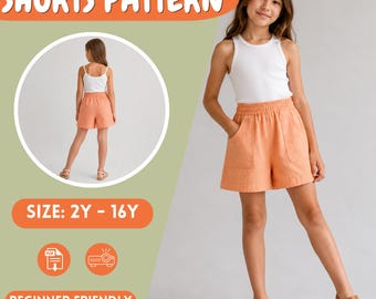 Summer Kid's Shorts Sewing Pattern, Woven Linen Fabric, Patch Pockets, Elastic Waist, Children, Toddler, Teens