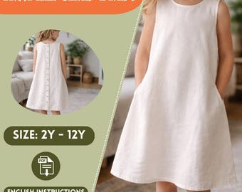 Linen Trapeze Dress Pattern Girls PDF Sewing Tutorial with Pockets and Back Buttons