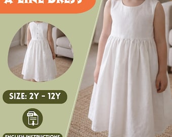 Linen Babydoll Dress Pattern For Girls,Gathered Waist, Sleeveless Summer Dress Pattern for Children, PDF Sewing Patterns For Kids