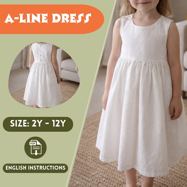 Linen Babydoll Dress Pattern For Girls,Gathered Waist, Sleeveless Summer Dress Pattern for Children, PDF Sewing Patterns For Kids
